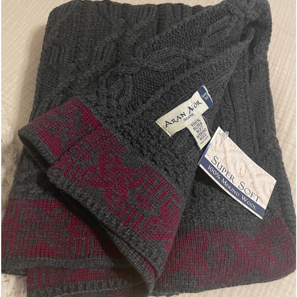 Ireland 100% Merino Wool Cable Knit Throw Blanket 40" x 60" Gray Burgund…